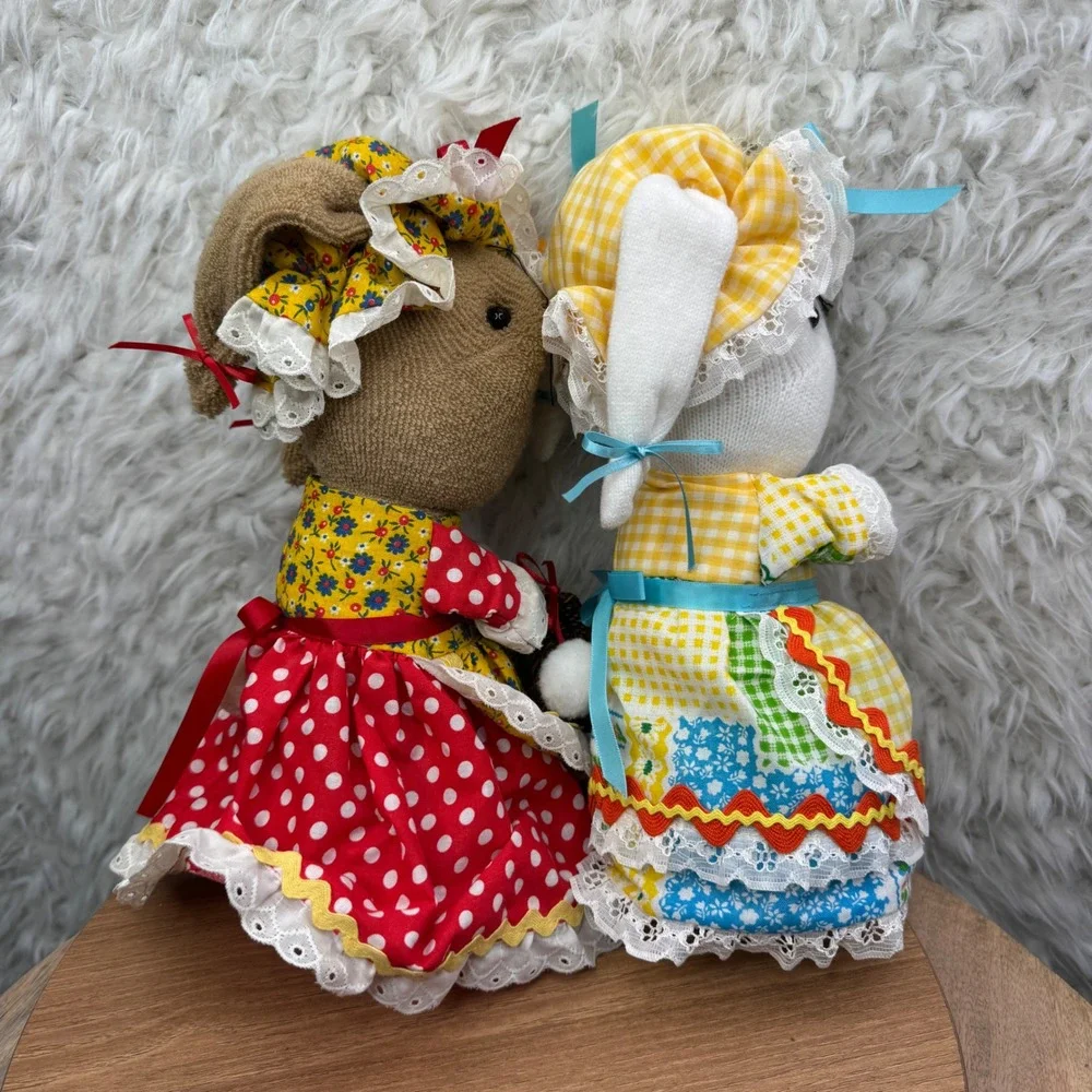 Easter Bunny Sock Dolls Handmade Spring Decor Set of‎ 2 Yellow Gingham Polka Dot